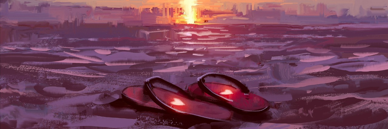 When You Need a Vacation From Your Mental Illness flip flops with lovely hearts on the beach at sunset ,digital painting,illustration