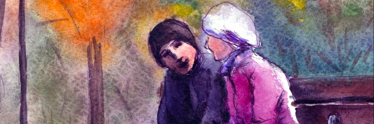 To the Man Who Brought Me Stim Tools on Our Second Date Illustration of man and woman sitting together on bench in park with autumn trees in the background