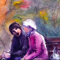 Illustration of man and woman sitting together on bench in park with autumn trees in the background