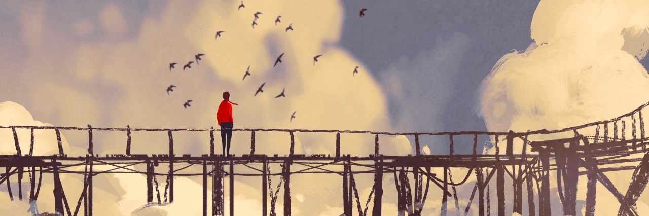 We Need to Respond Better to People Struggling With Self-Medicating man standing on old bridge in a clouds,illustration painting
