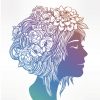 Hand drawn beautiful artwork of a girl head with decorative hair and romantic flowers on her head. Boho, spirituality, decorative tattoo art, coloring books. Isolated vector illustration.