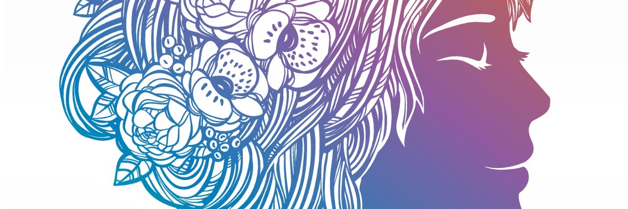 I Still Have Bad Anxiety Days in Recovery Hand drawn beautiful artwork of a girl head with decorative hair and romantic flowers on her head. Boho, spirituality, decorative tattoo art, coloring books. Isolated vector illustration.