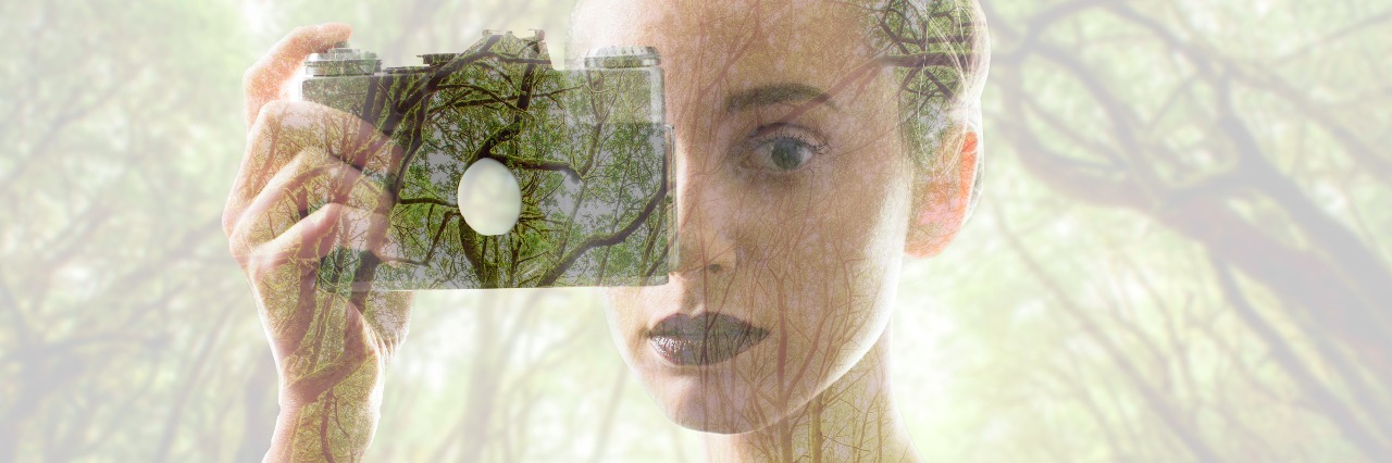 Learning to Love Yourself Through the Filter of Chronic Illness Portrait of young woman with photo camera with double exposure image technic combinated with green forest