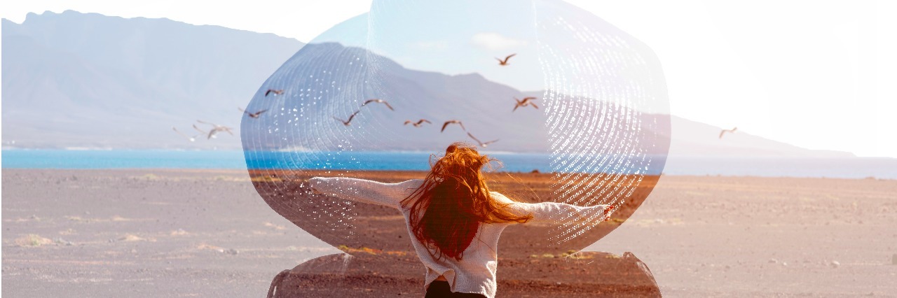 The Joys and Struggles of 'Total Disability' Double exposure photo with female silhouette and woman in the deserted landscape. Freedom and travel concept