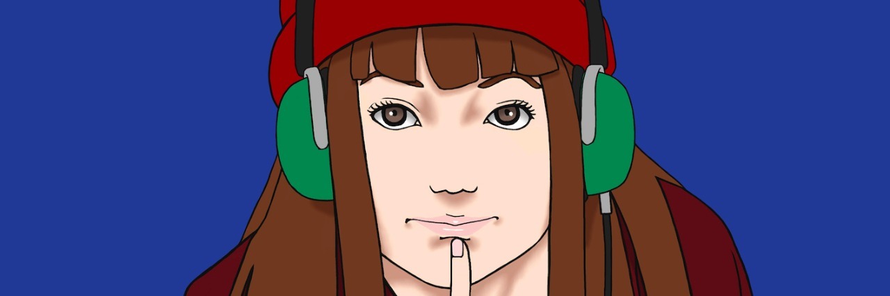 Illustration of woman with headphones on and a beanie, with one finger on her chin