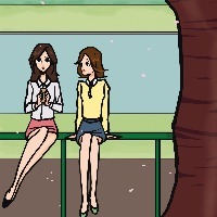Two women sitting on railing under a cherry tree, front view, Illustrative Technique