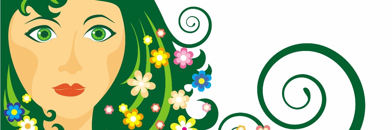 illustration of woman with long green hair full of flowers