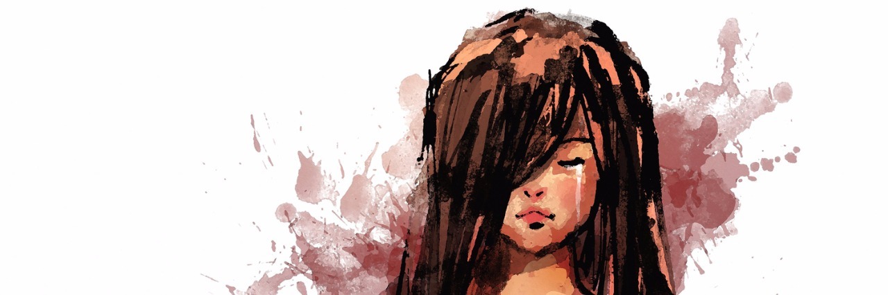 Why Validation of Feelings Can Be Healing to Bereaved Parents painitng, white background an a woman with brown hair and a red dress, her face is looking down, she is sad.