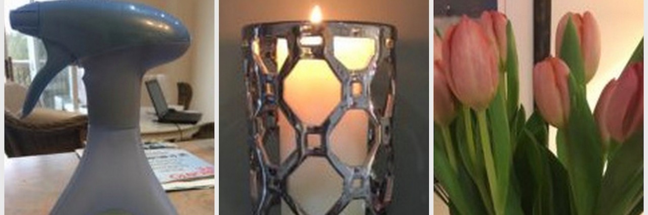 What Helped With My Anxiety About Hosting a Dinner Party a photo collage of a bottle of Febreeze, a lit candle, and fresh tulips in a vase