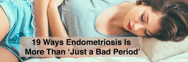 Woman stomach pain on bed top view with text 18 ways endometriosis is more than just a bad period