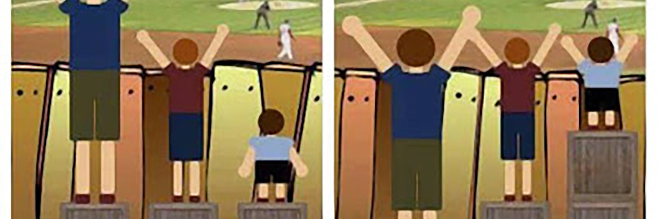 Equality vs. Equity image of children standing on boxes to watch a baseball game..