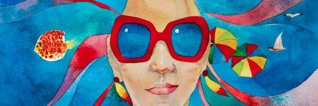 watercolor summer travel concept girl in red sunglasses with sea in her hair