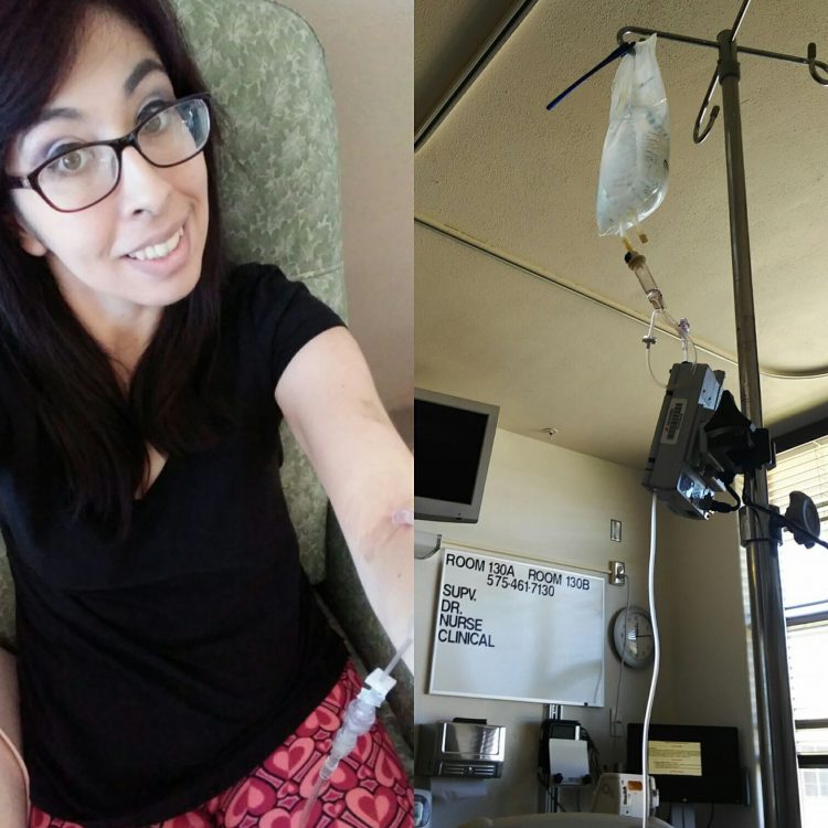 photo of woman and photo of iv bag in hospital