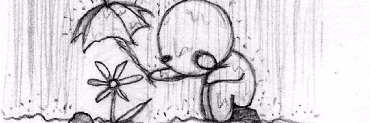 Chronic Illness: The Importance of Random Acts of Kindness drawing of a person holding an umbrella over a flower while it rains with text saying 'random acts of kindness'