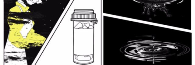image capture of comic that shows a pill bottle and a girl, text reads "losing more pieces of myself to the feeling of numbness."