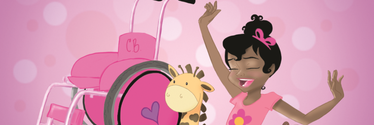 Mom Writes Children's Book for Daughter With Cerebral Palsy Cover of Meet Clarabelle Blue, a drawing of a young African-American girl with a pink wheelchair.