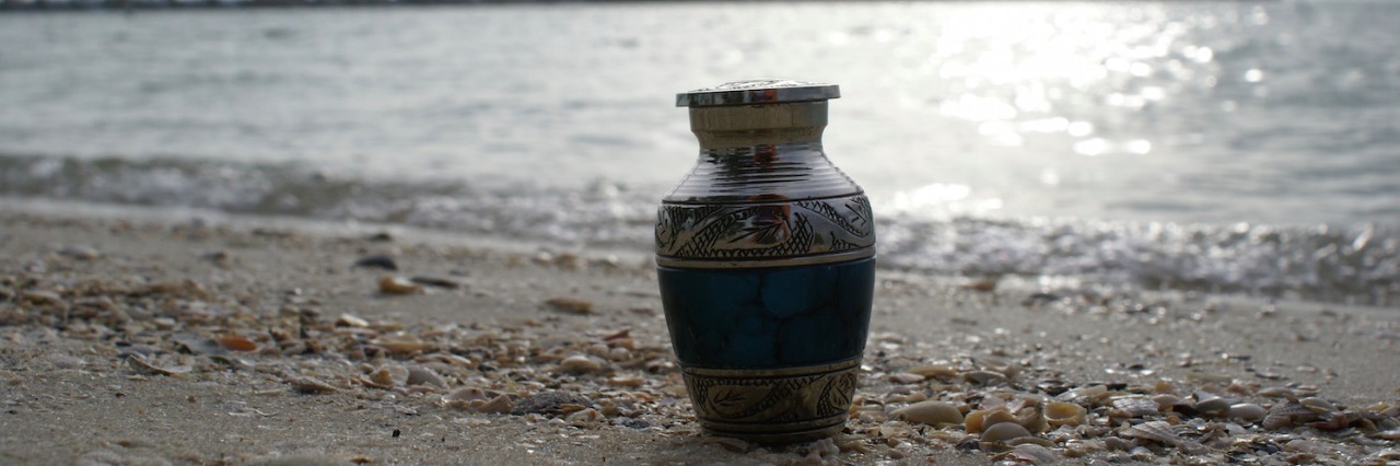 365 Days of Healing: What I Learned in One Year of Grief An urn on wet sand in front of a large body of water