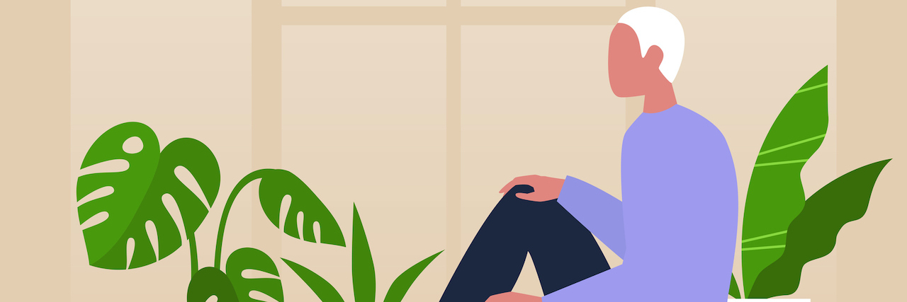 Illustration of person sitting by the window surrounded by house plants,