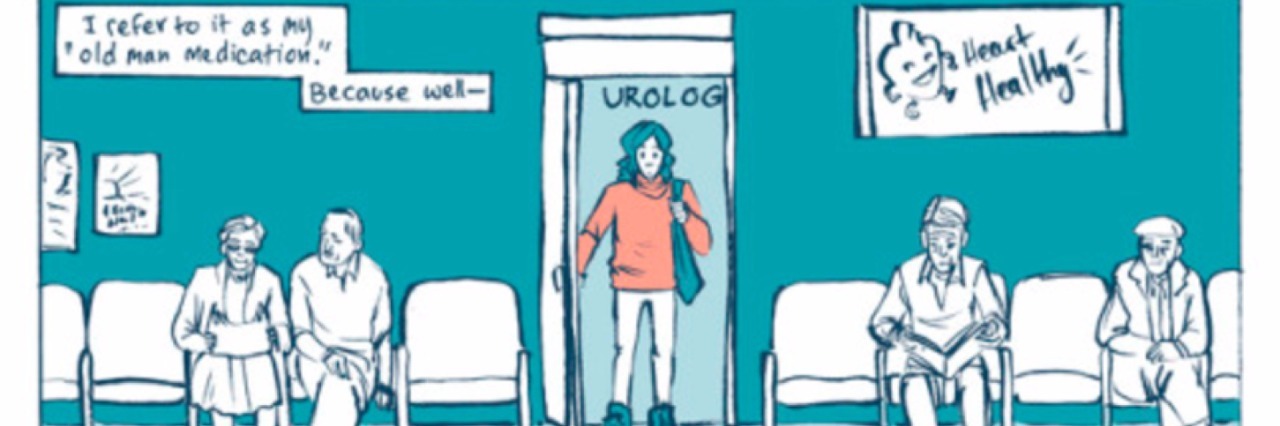 Ashley Guillory Creates Comic About Living With Interstitial Cystitis Comic panel showing a woman walking into the waiting room of a urologist.