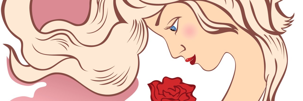 How I Learned to Embrace My Pain A painted woman, looking down at a rose.