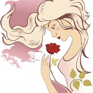 A painted woman, looking down at a rose.
