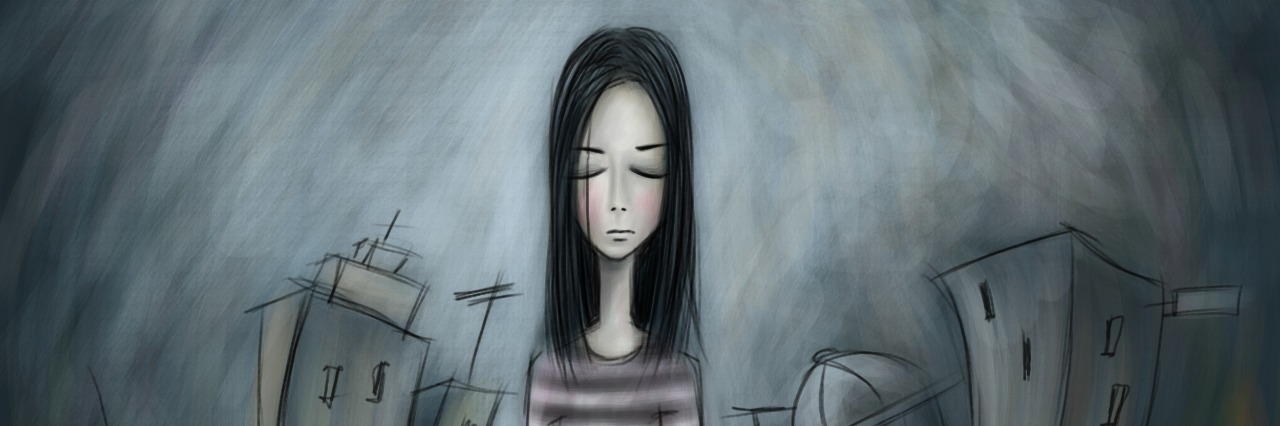 Please Don't Remind Me That I'm in Pain art piece of a lonely girl walking along a city street