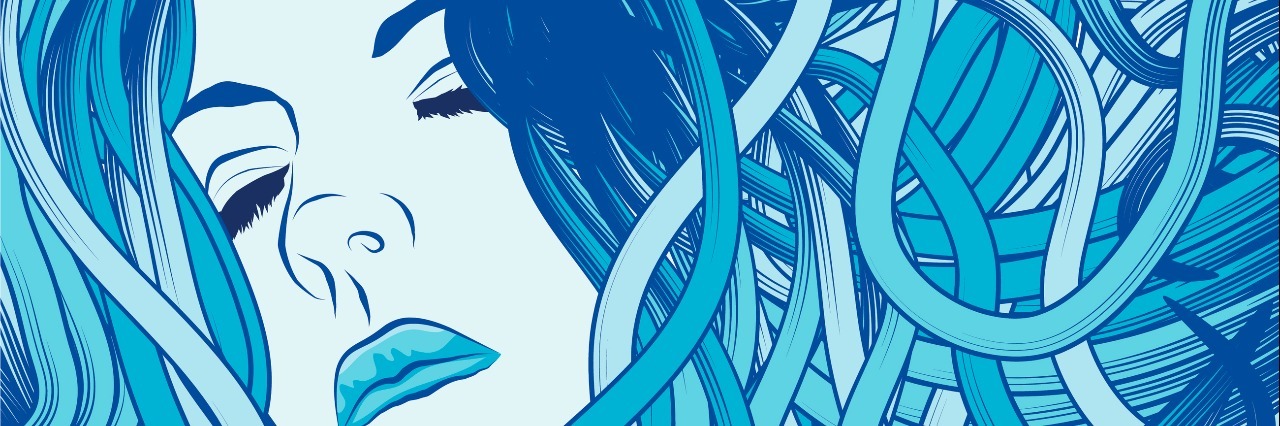 Woman's face entangled in long flowing blue hair. Face and hair are on separate layers. Each hair strand is individual object. Cropped via clipping mask. Extra folder includes Illustrator CS2 AI and PDF files.