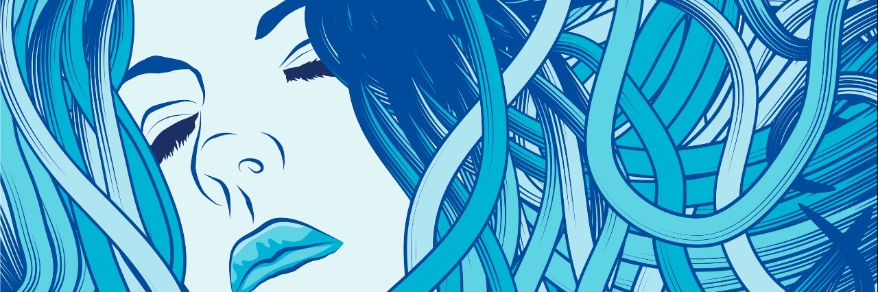 When Depression Feels Like Drowning in Sadness Woman's face entangled in long flowing blue hair. Face and hair are on separate layers. Each hair strand is individual object. Cropped via clipping mask. Extra folder includes Illustrator CS2 AI and PDF files.