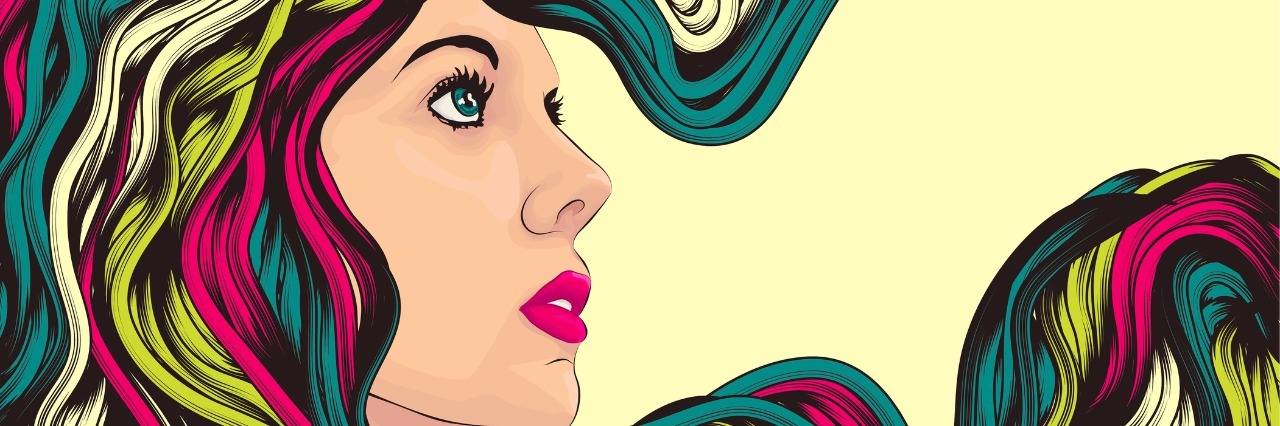 Why I Must Accept My Body in Eating Disorder Recovery Beautiful woman looking up withlong colorful hair. Face and hair are on separate layers. Each hair strand is individual object. Cropped via clipping mask. Extra folder includes Illustrator CS2 AI and PDF files.