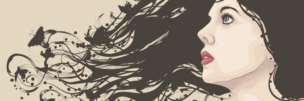 Mental Illness Recovery Brought Out The 'Real Me' Beautiful woman looking up with flowing abstract hair with butterflies. Face and hair are on separate layers. Extra folder includes Illustrator CS2 AI and PDF files.