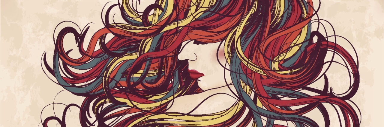 Beautiful woman with long hand drawn colorful hair. This is an eps10 file with blends and transparency.