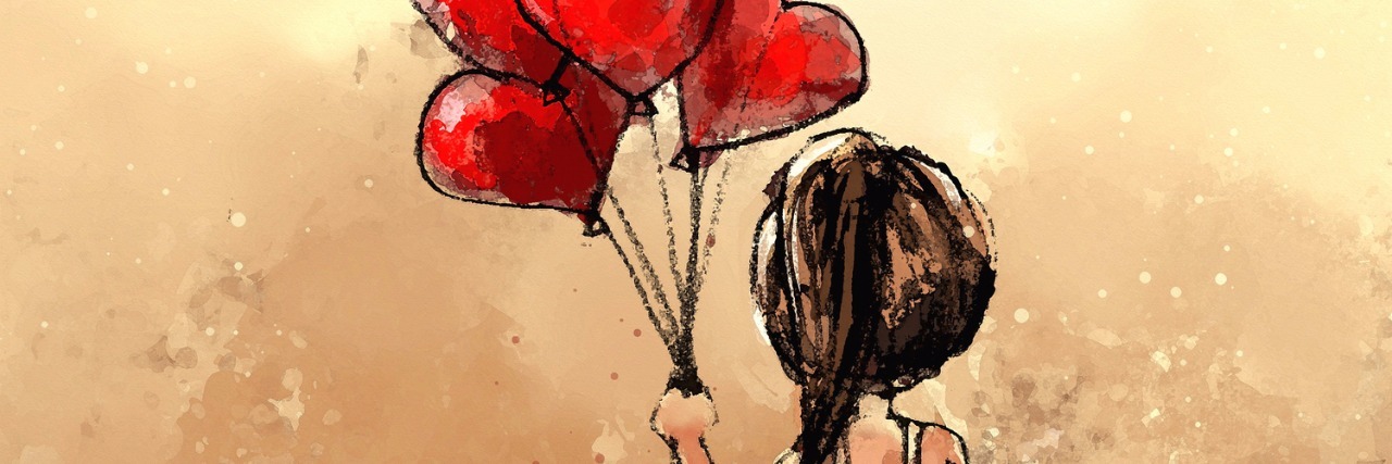 digital painting of girl with balloons hearts, watercolor on paper texture