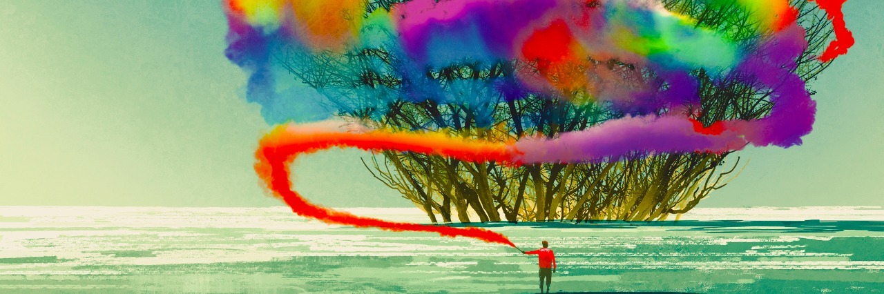 My Bipolar Disorder Makes Me Absorb the Characteristics of Others man draws abstract tree with colorful smoke flare,illustration painting