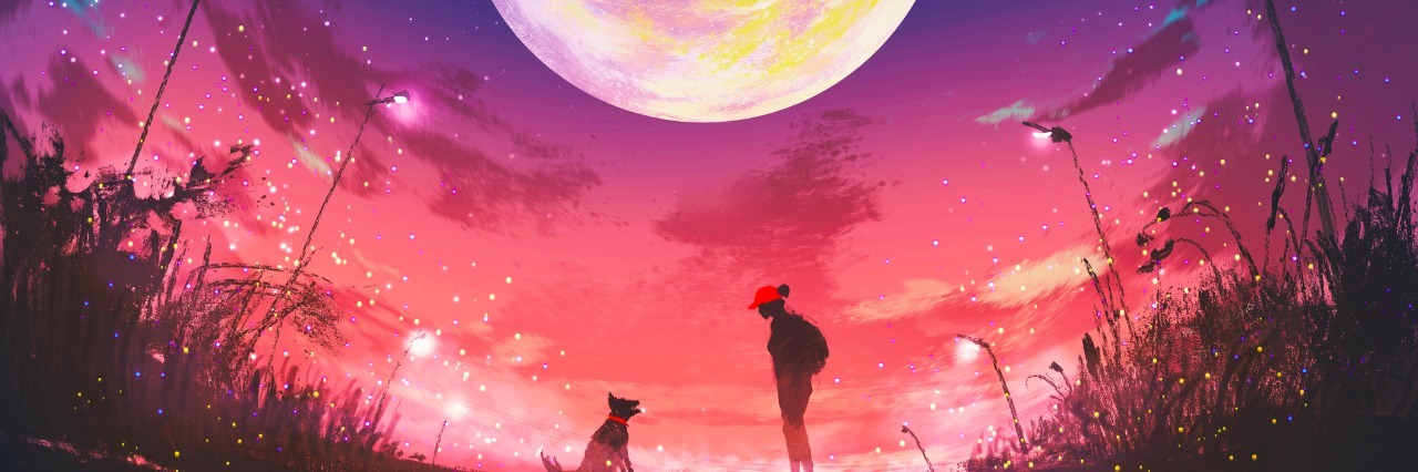 young woman with dog at beautiful night with huge moon above,illustration painting