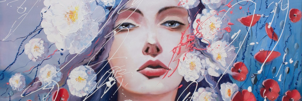 Being Selfish and Taking Care of Yourself with Lupus painting of a woman with red and white flowers around her head