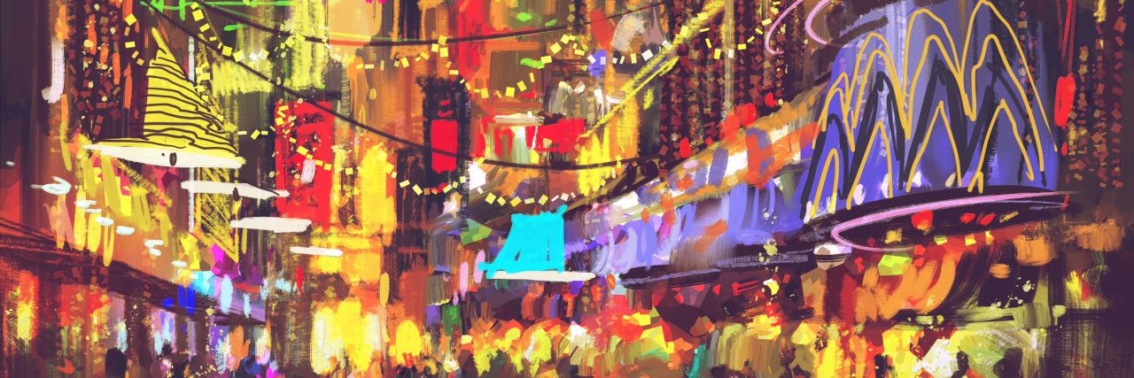 A Night Out on the Town for Someone With Debilitating Social Anxiety people in city street with illumination and nightlife