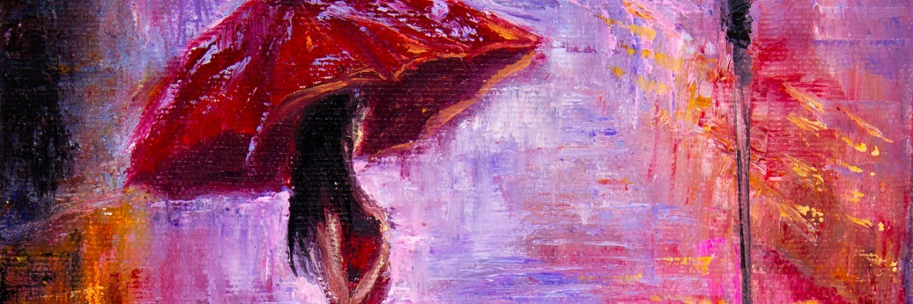 oil painting of woman standing on street holding umbrella