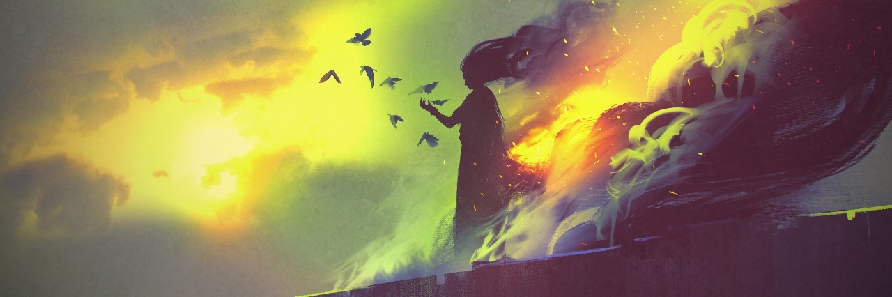 illustration of burning woman and birds