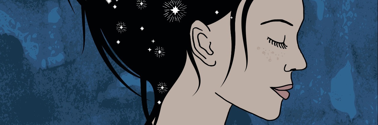 What Depression Taught Me About Happiness hand drawn portrait of a woman with dark hair and stars