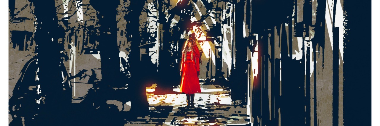 The Shame of Having Autoimmune Disease Polymyositis woman in red coat standing on pathway in city park,illustration painting