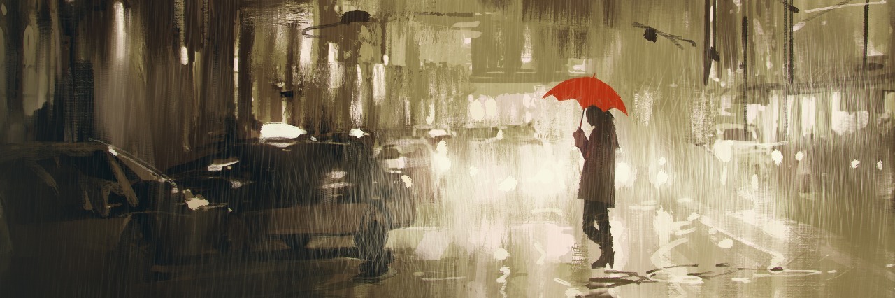 illustration of woman crossing street on rainy night with red umbrella