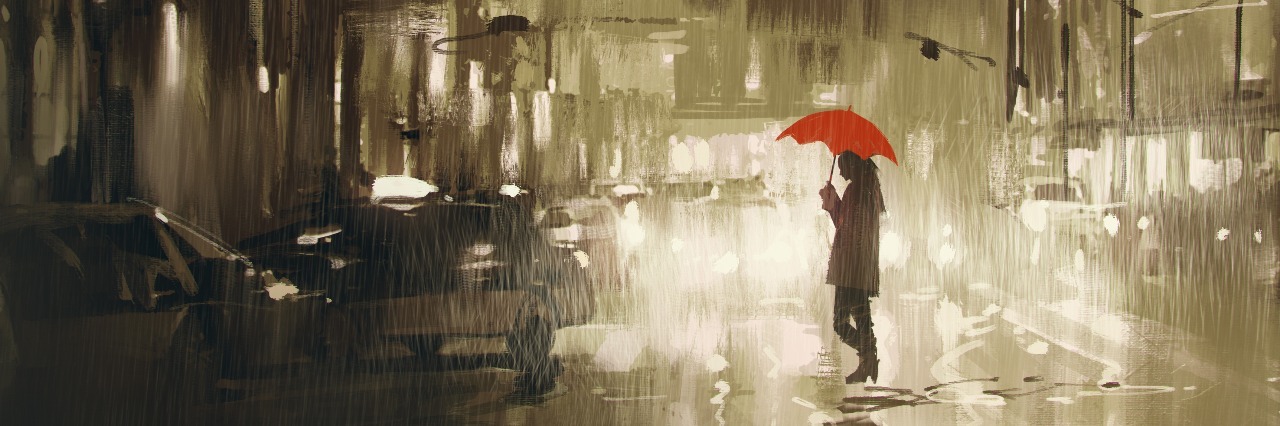 What No One Tells You About Eating Disorder Recovery illustration of woman crossing street on rainy night with red umbrella