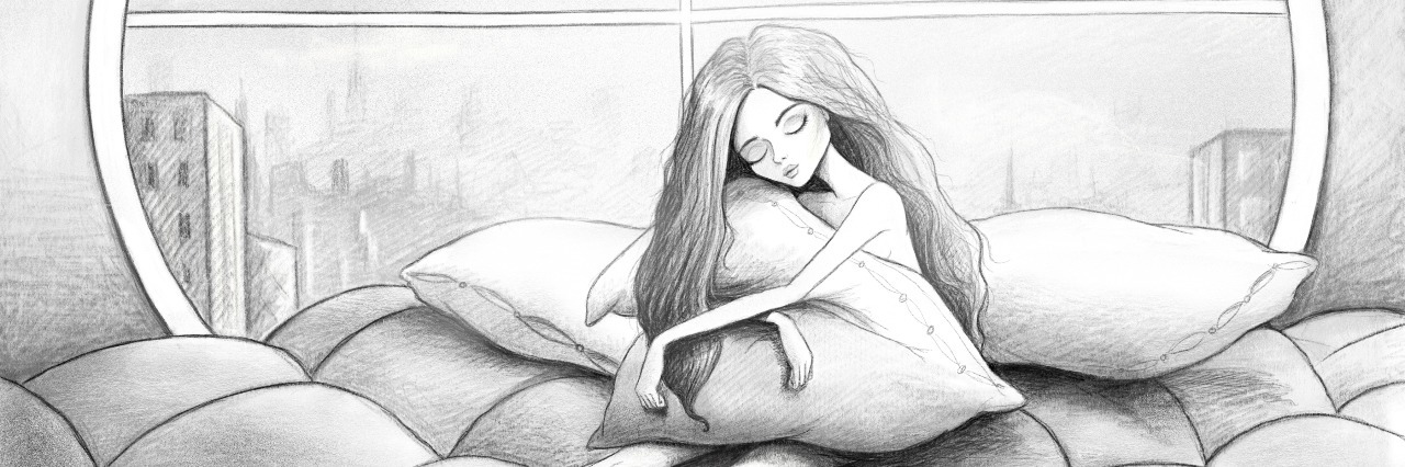 pencil drawing of a girl hugging her pillow while sitting on the bed