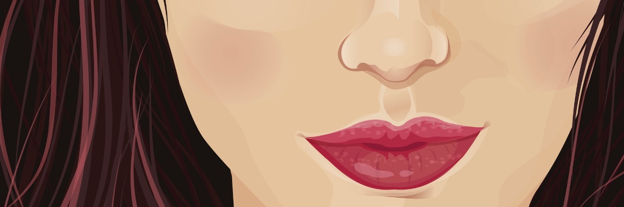 illustration of the lower part of a woman's face with blush and red lipstick