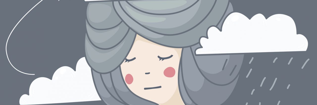 Not Helpful to Be Told Not to Feel a Certain Way When You Have Bipolar Vector illustration of woman with rainy clouds and her thoughts, airplane, concept idea