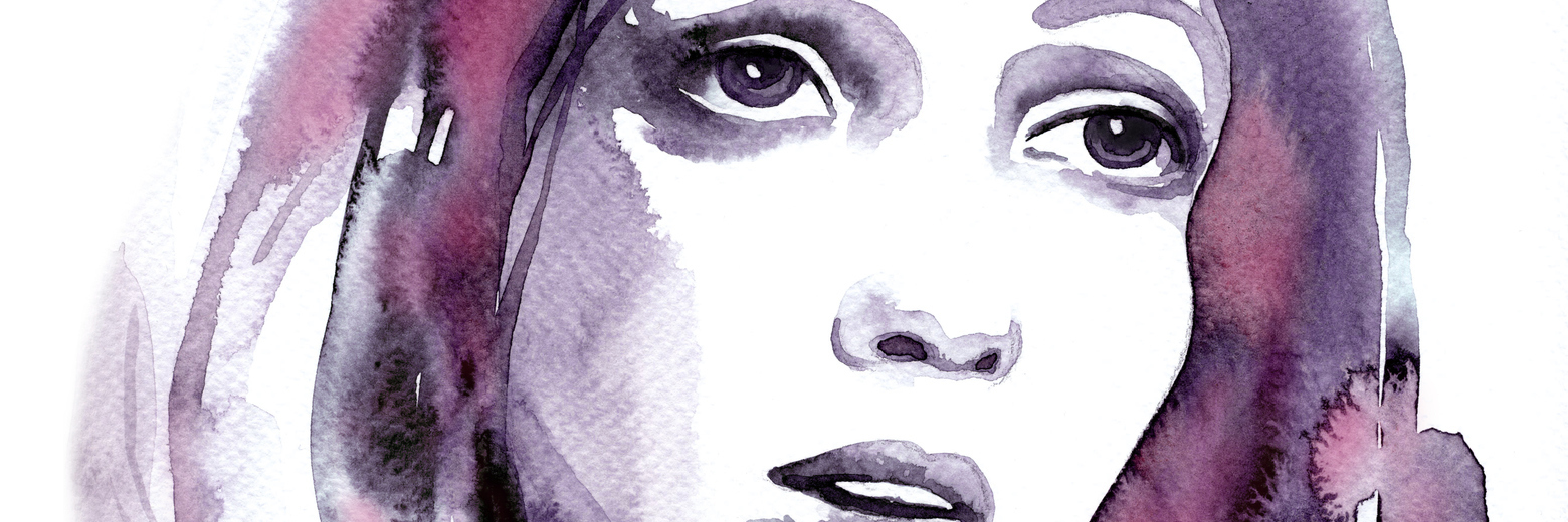 A watercolor painting in pink and lilac shades of a womans face.