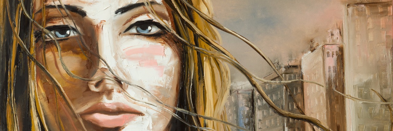 The Self-Judgment I Pass on Myself for Having Tough BPD Days A fantasy young teenage girl portrait with an abstract city on a background.