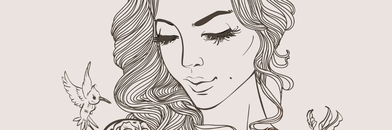 How I Learned to Care for Myself After Years of Denying My EDS drawing of woman with long hair surrounded by flowers and butterflies