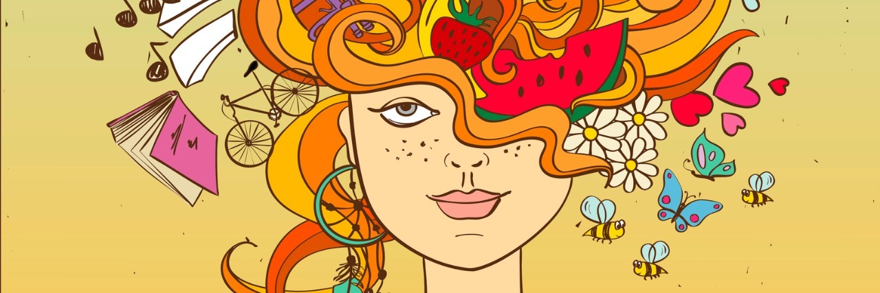 Ways to Improve My Mental Health Portrait of young beautiful girl with crazy psychedelic red hair and her dreams, wishes, hobbies - lifestyle concept.