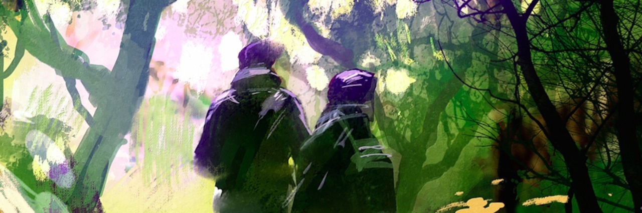 How to Support Me When I'm Struggling With Depression Illustration of two people walking through park with light coming through trees